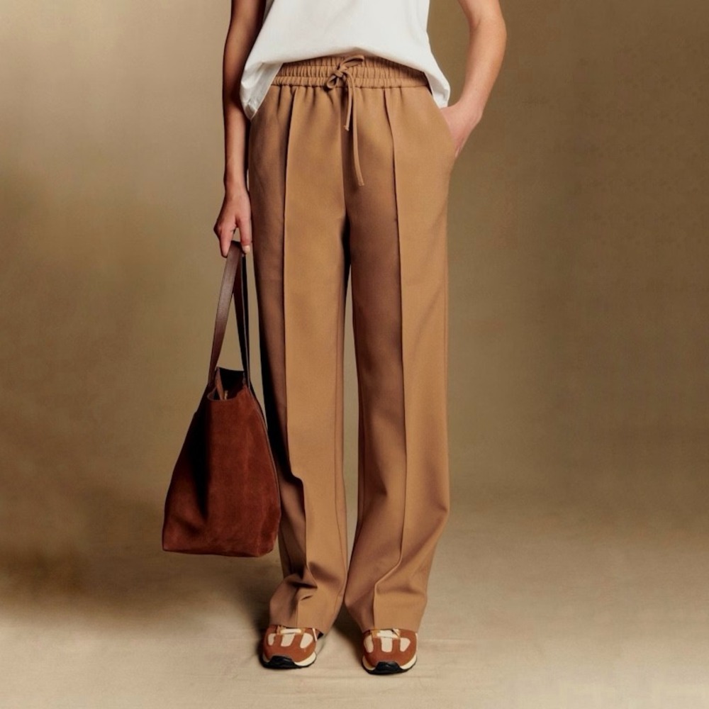 Sezane | Bruce Trousers Camel Wide Straight Leg Drawstring Elastic Waist Size 36